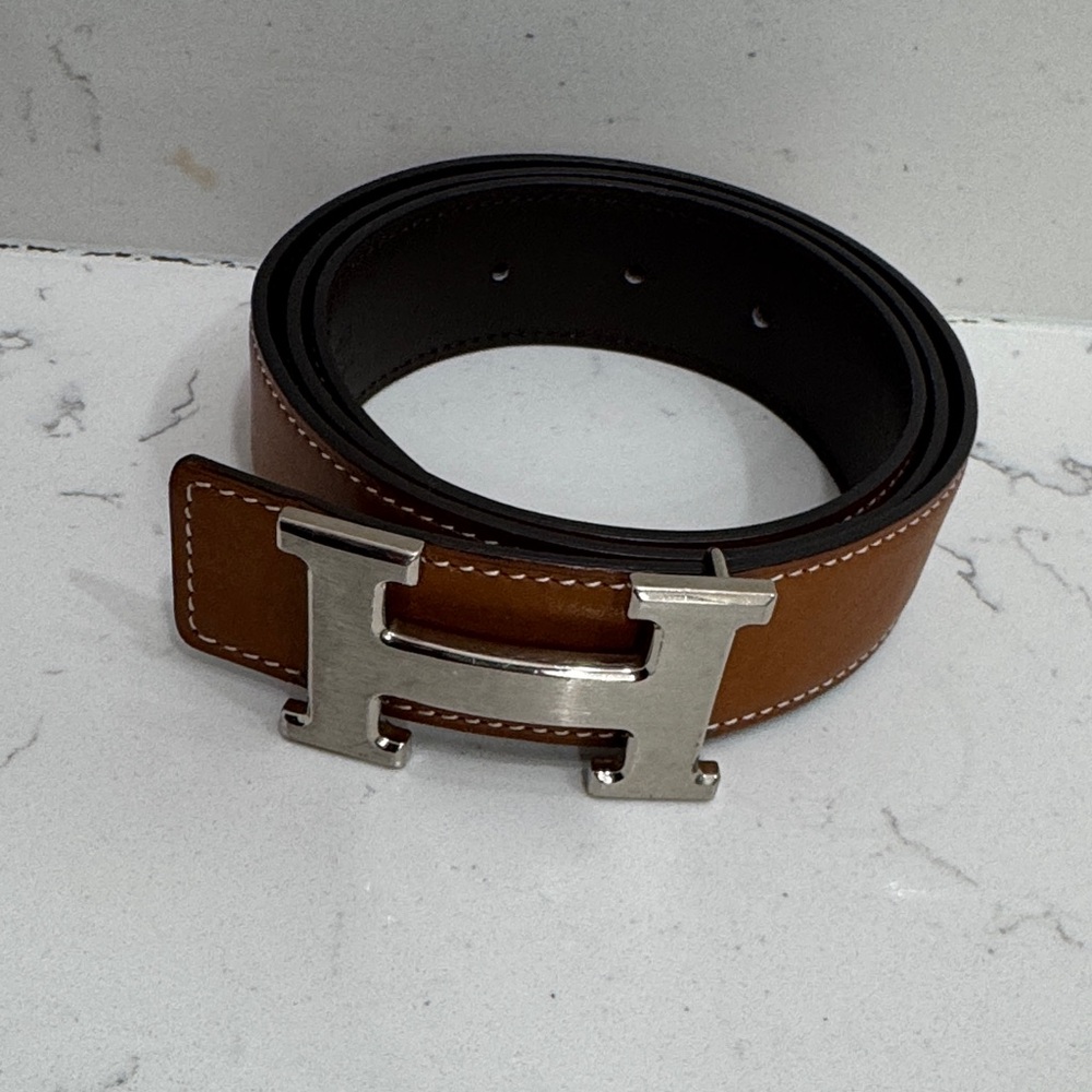 Hermes Tan Leather Belt with Silver H Buckle